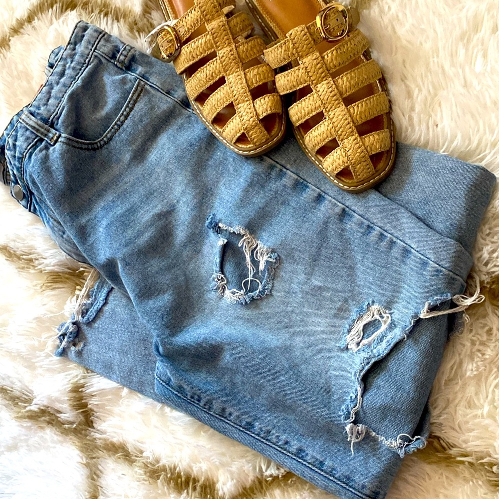 Princess Polly Light Blue EXTRA Distressed Straight Leg Jeans
